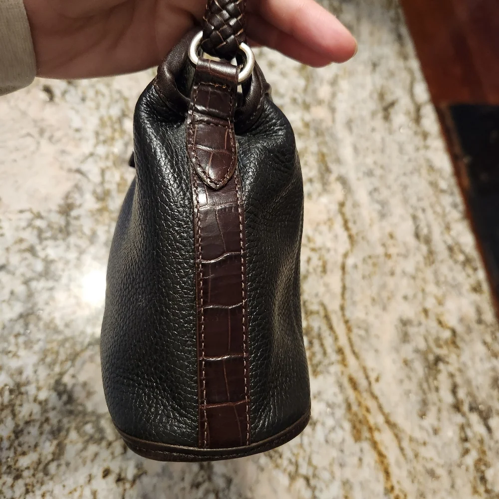 BRIGHTON Purse Vintage black & brown leather shoulder bag w/ Croc pattern, EUC